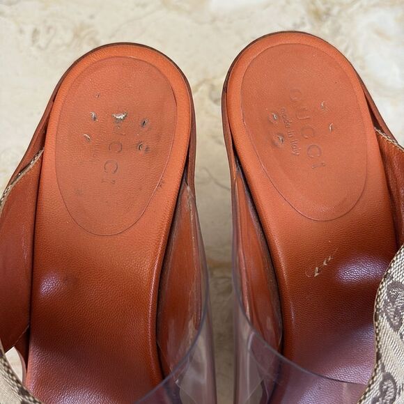 Gucci Vintage Beige/Brown GG Canvas, Leather & PVC Criss Cross Heeled Sandals - Picture 9 of 12